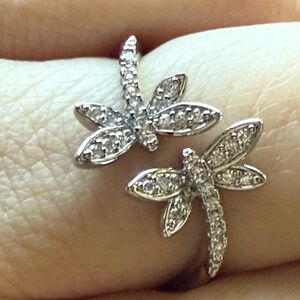 NWT Pretty Bird Silver Dragonfly Crystal Adjustable Wrap Ring